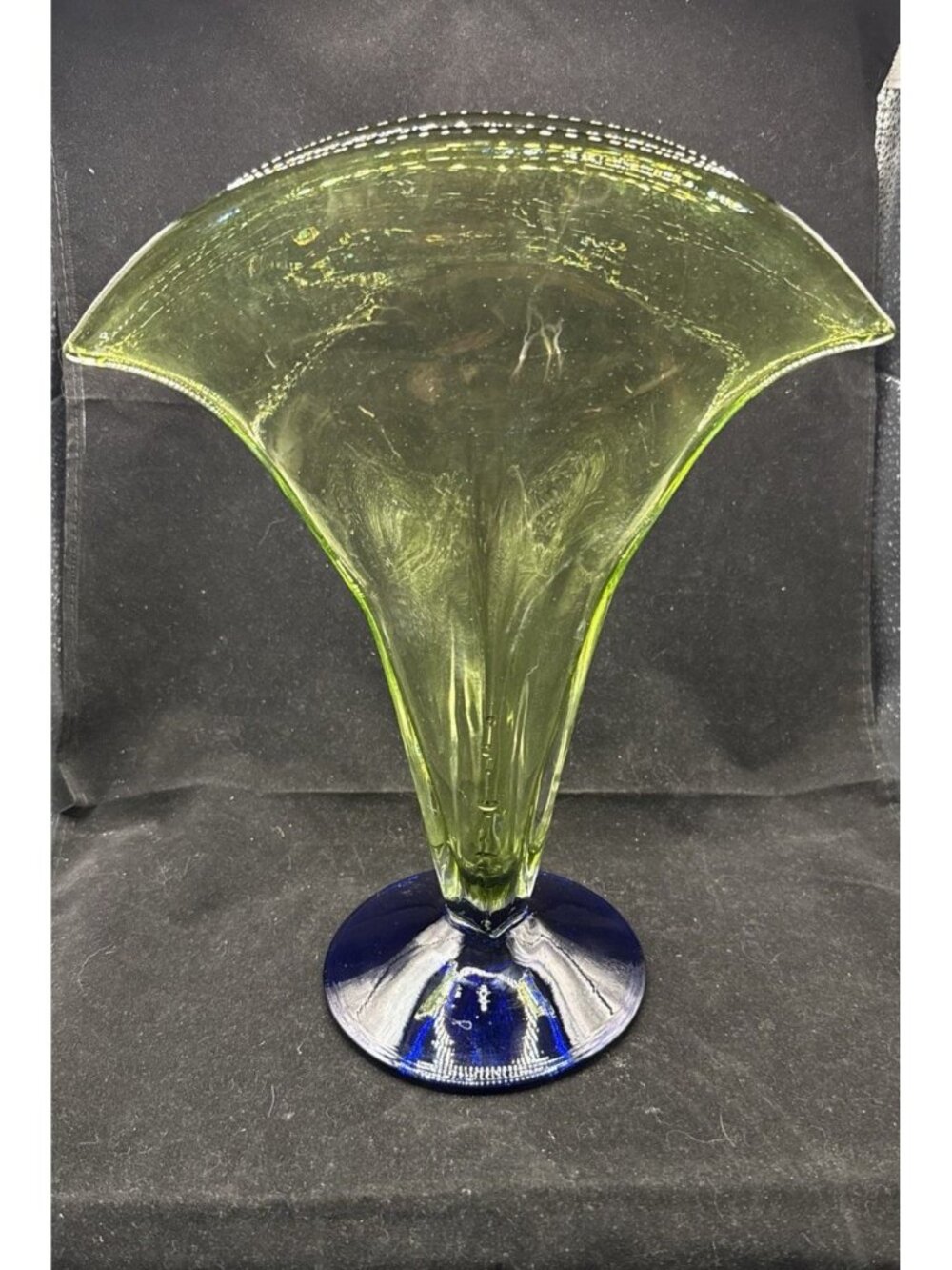 Vintage Blenko Kiwi and Cobalt Fan Vase 872 - Rare Color Combo